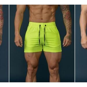 YoungLA 101 Bodybuilding Short Shorts Men's Small Neon Yellow Fitted Zip Pockets